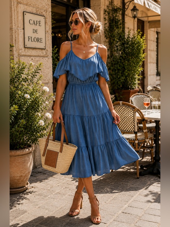 Old Navy Dresses & Skirts - Old Navy Blue Cold-Shoulder Ruffled Tiered Midi Dress